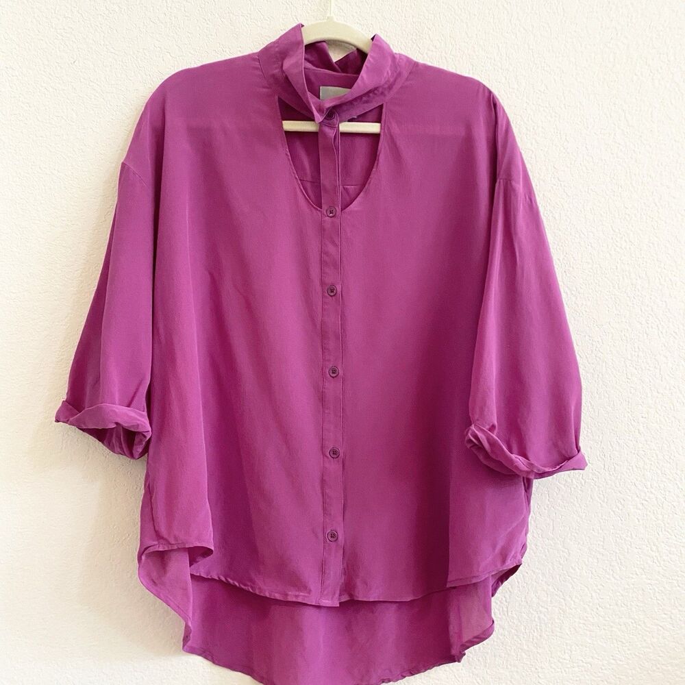 Anthropologie Maeve Silk Blouse Womens Size Large Pink Button Front Cutout‎ Top